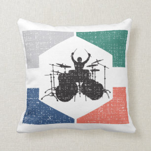 Vintage Retro Drummer Playing Drum 70s 80s Style Cushion