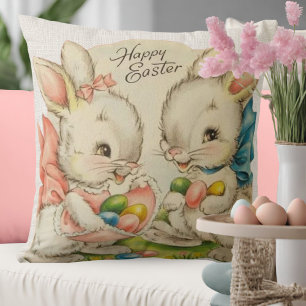 Vintage Retro Easter Bunny Couple Cushion