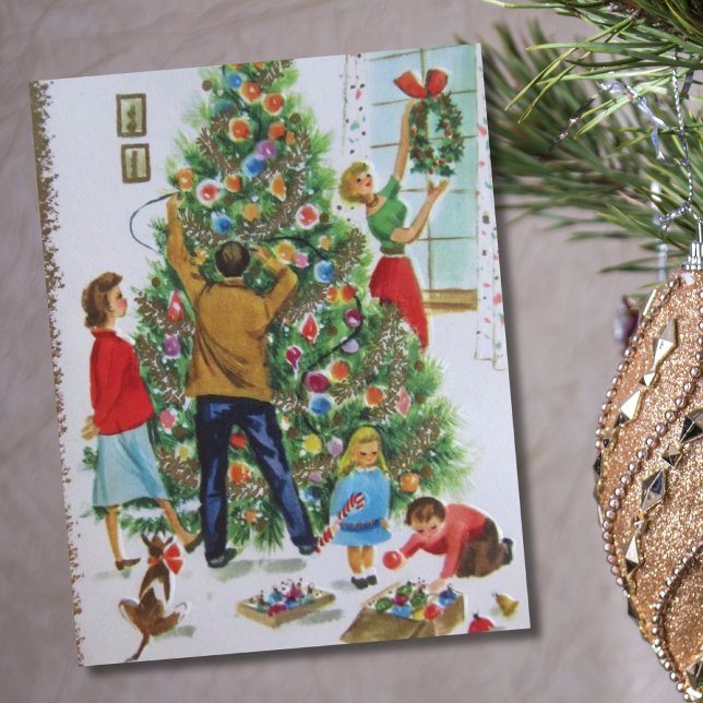 Vintage Retro Family Decorating Christmas Tree Holiday Card (Creator Uploaded)
