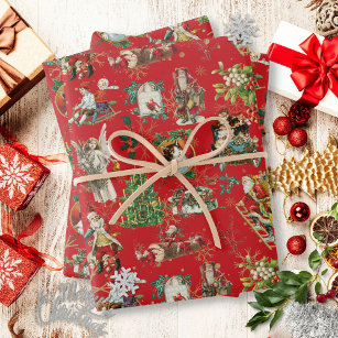 Vintage Retro Festive Red Christmas Holiday Wrapping Paper Sheet