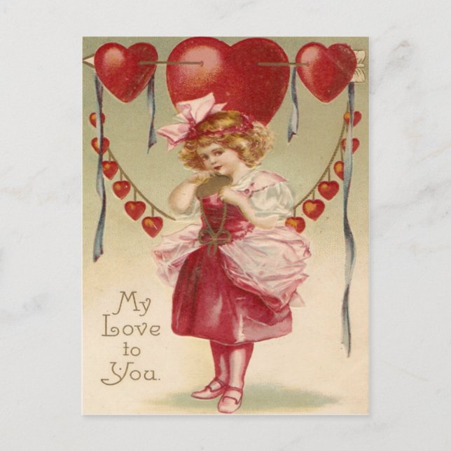 Vintage Retro Girl Hearts Arrows Valentine Card (Front)