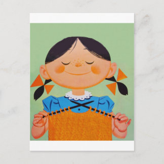 Vintage Retro Girl Knitting Postcard