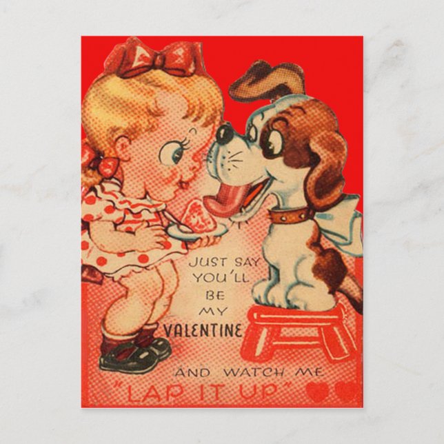 Vintage Retro Girl & Puppy Valentine Card (Front)