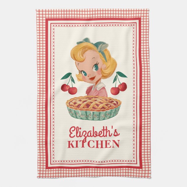 Vintage Retro Girl Red Cherry Gingham Tea Towel (Vertical)