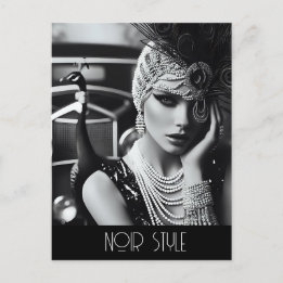 Vintage retro glamour girl with peacock postcard