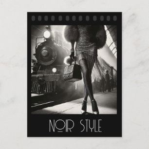 Vintage retro glamourous girl at the train station postcard