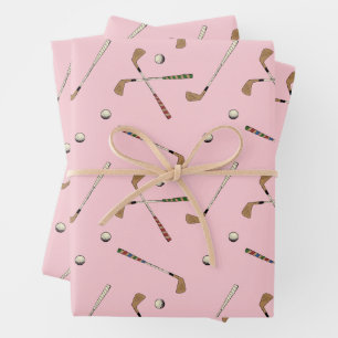 Vintage Retro Golf Golfer Club Ball Pattern Pink Wrapping Paper Sheet