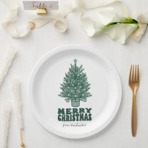 Vintage Retro Greenery Merry Christmas Paper Plate