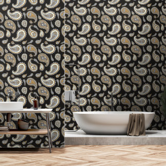 Vintage Retro Grey Gold Paisley Pattern Wallpaper