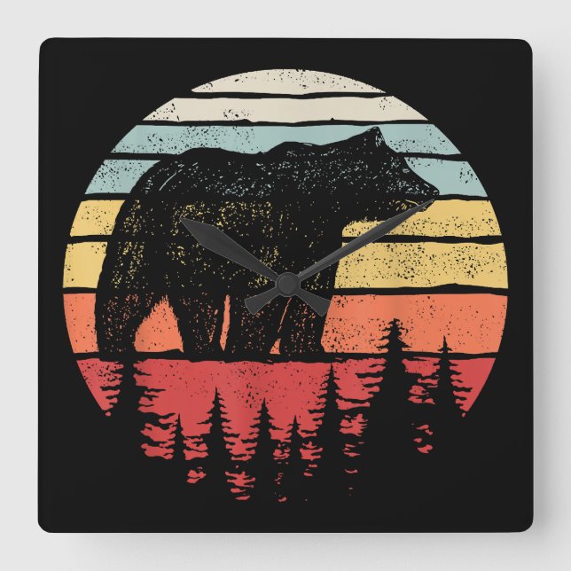 Vintage Retro Grizzly Bear Square Wall Clock (Front)