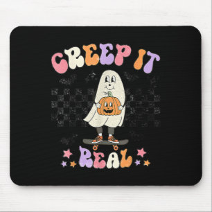 Vintage Retro Halloween Creep it real Ghost Boy Fa Mouse Pad