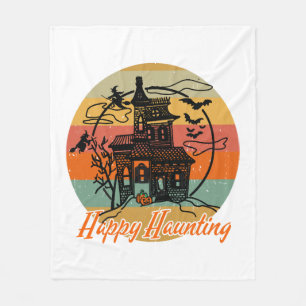 Vintage Retro Halloween Happy Haunting Witches Fleece Blanket