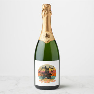 Vintage Retro Halloween Happy Haunting Witches Sparkling Wine Label