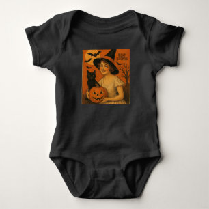 Vintage/retro Happy Halloween witch, cat, pumpkin Baby Bodysuit