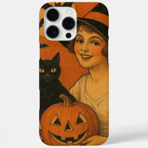 Vintage/retro Happy Halloween witch, cat, pumpkin iPhone 16 Pro Max Case