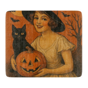 Vintage/retro Happy Halloween witch, cat, pumpkin Cutting Board