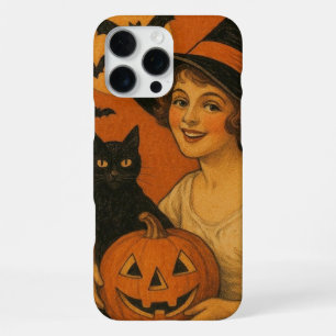 Vintage/retro Happy Halloween witch, cat, pumpkin iPhone 16 Pro Max Case