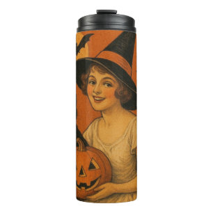 Vintage/retro Happy Halloween witch, cat, pumpkin Thermal Tumbler