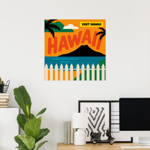Vintage Retro Hawaiian Islands Travel Illustration Poster