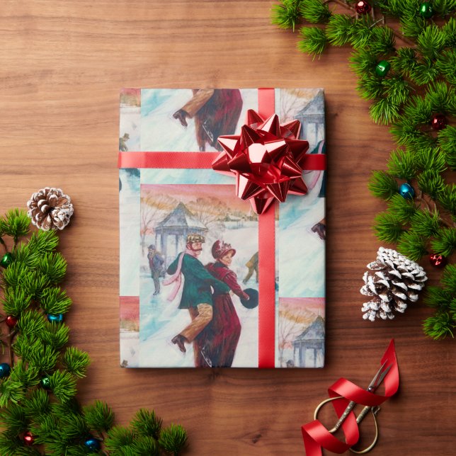 Vintage Retro Ice Skating Christmas Art Wrapping Paper (Holiday Gift)