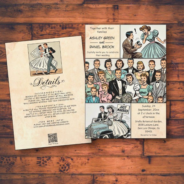 Vintage Retro Just Married Couple Comic Wedding Invitation (Creator Uploaded)