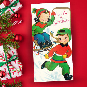 Vintage Retro Kids Sledding Custom Christmas Holiday Card