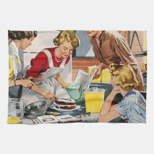 Vintage Retro Ladies Making a Cake Tea Towel