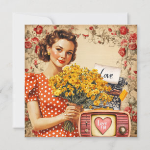 Vintage Retro Lady Valentine Flat Holiday Card