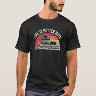 Vintage Retro Life Is Better With Coffee Cat Book T-Shirt