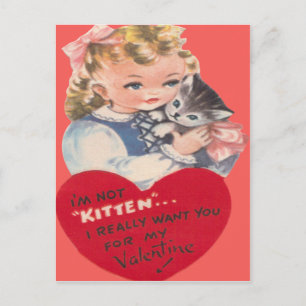 Vintage Retro Little Girl & Kitten Valentine Card