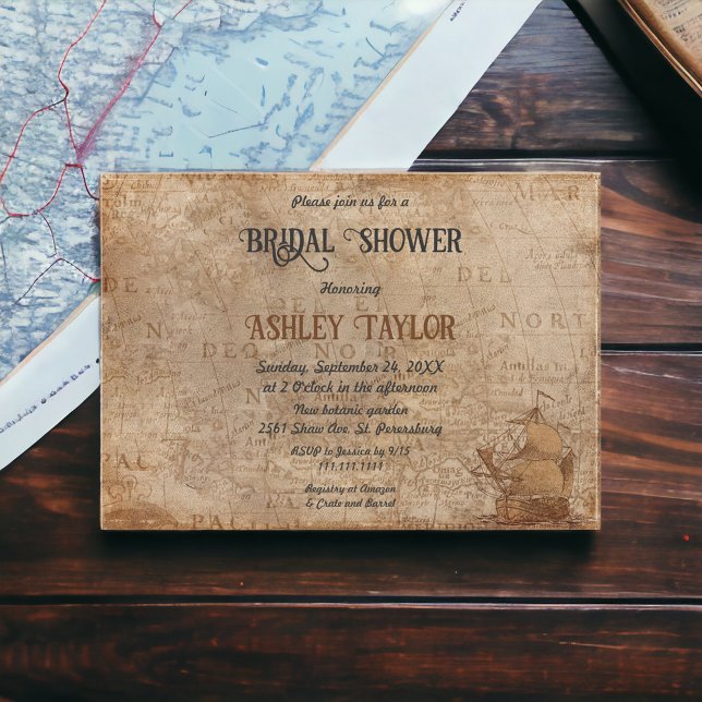 Vintage Retro Map Sailboat Classic Bridal Shower Invitation (Creator Uploaded)