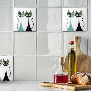 Vintage Retro MCM Cats Turquoise Black Green Ceramic Tile