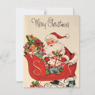 Vintage Retro Merry Christmas Santa In Sleigh Holiday Card