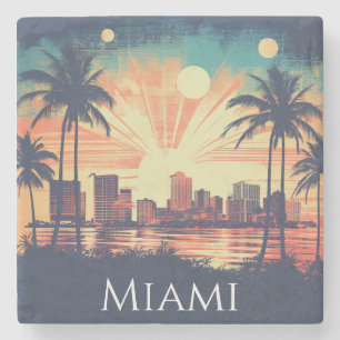 Vintage Retro Miami Florida Sunrise Travel  Stone Coaster