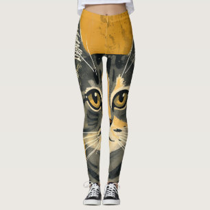 Vintage Retro Minimalist Tabby Cat Portrait Leggings