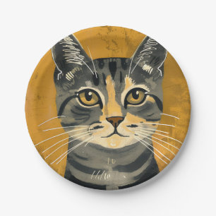 Vintage Retro Minimalist Tabby Cat Portrait Paper Plate