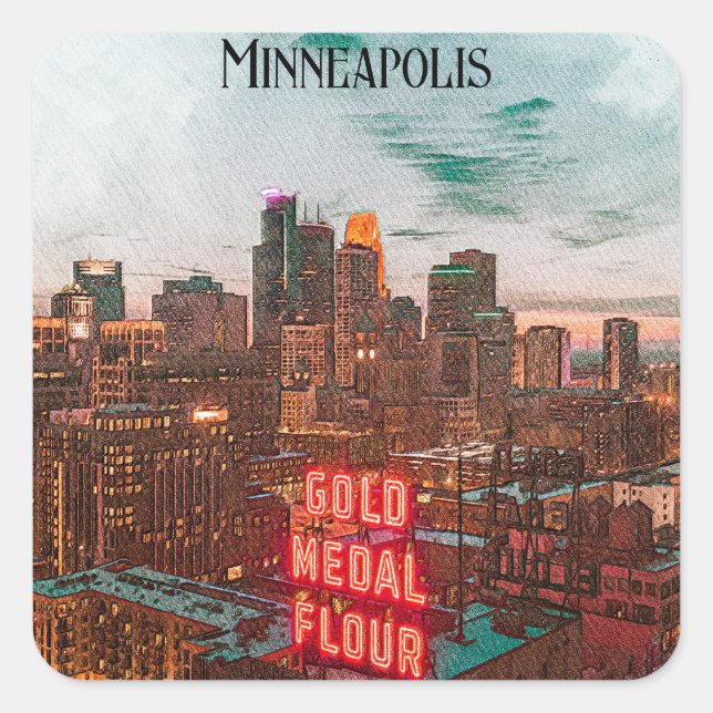 Vintage Retro Minneapolis Minnesota Travel Skyline Square Sticker (Front)