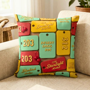 Vintage Retro Motel Key Tag Modern Americana Cushion