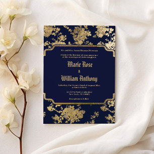 Vintage retro navy blue gold floral Wedding Invitation