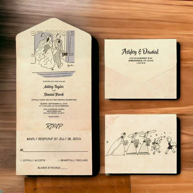 Vintage Retro Old Bride Groom Comic Rustic Wedding All In One ...