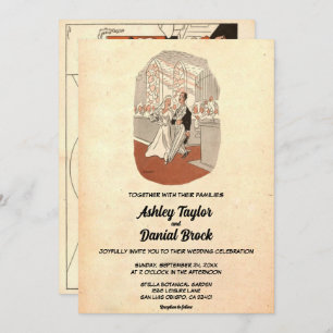 Vintage Retro Old Bride Groom Comic Rustic Wedding Invitation