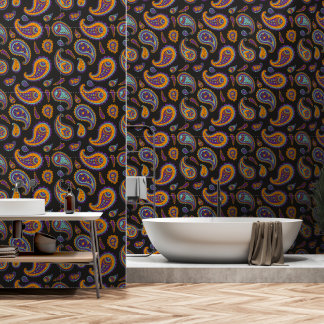 Vintage Retro Orange Blue Purple Paisley Pattern Wallpaper