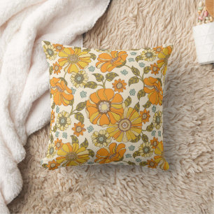 Vintage Retro Orange Floral Pattern Cushion