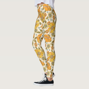Vintage Retro Orange Floral Pattern Leggings