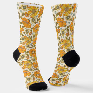 Vintage Retro Orange Floral Pattern Socks