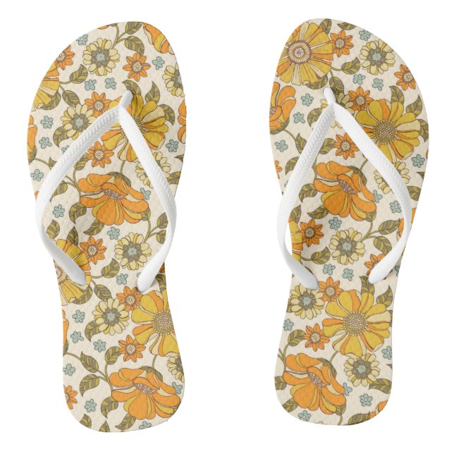 Vintage Retro Orange Floral Pattern Thongs (Footbed)