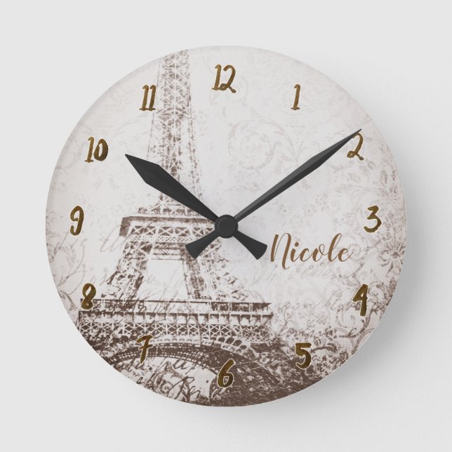 Vintage Retro Paris Eiffel Tower Personalised Round Clock (Front)