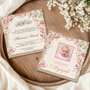 Vintage Retro Pink Floral Baby Girl Photo Aqiqah Invitation