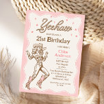 Vintage Retro Pink Yeehaw Cowgirl 21st Birthday Invitation<br><div class="desc">Vintage Retro Pink Yeehaw Cowgirl 21st Birthday Invitation

Pink and brown cowgirl or western themed 21st birthday invitation featuring a line cowgirl image,  rope style text,  stars and scalloped border.  This cowgirl birthday invitation is ideal for a western 21st birthday but can be used for any age.</div>