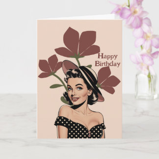 Vintage Retro pinup girl & flowers,Photo Birthday Card